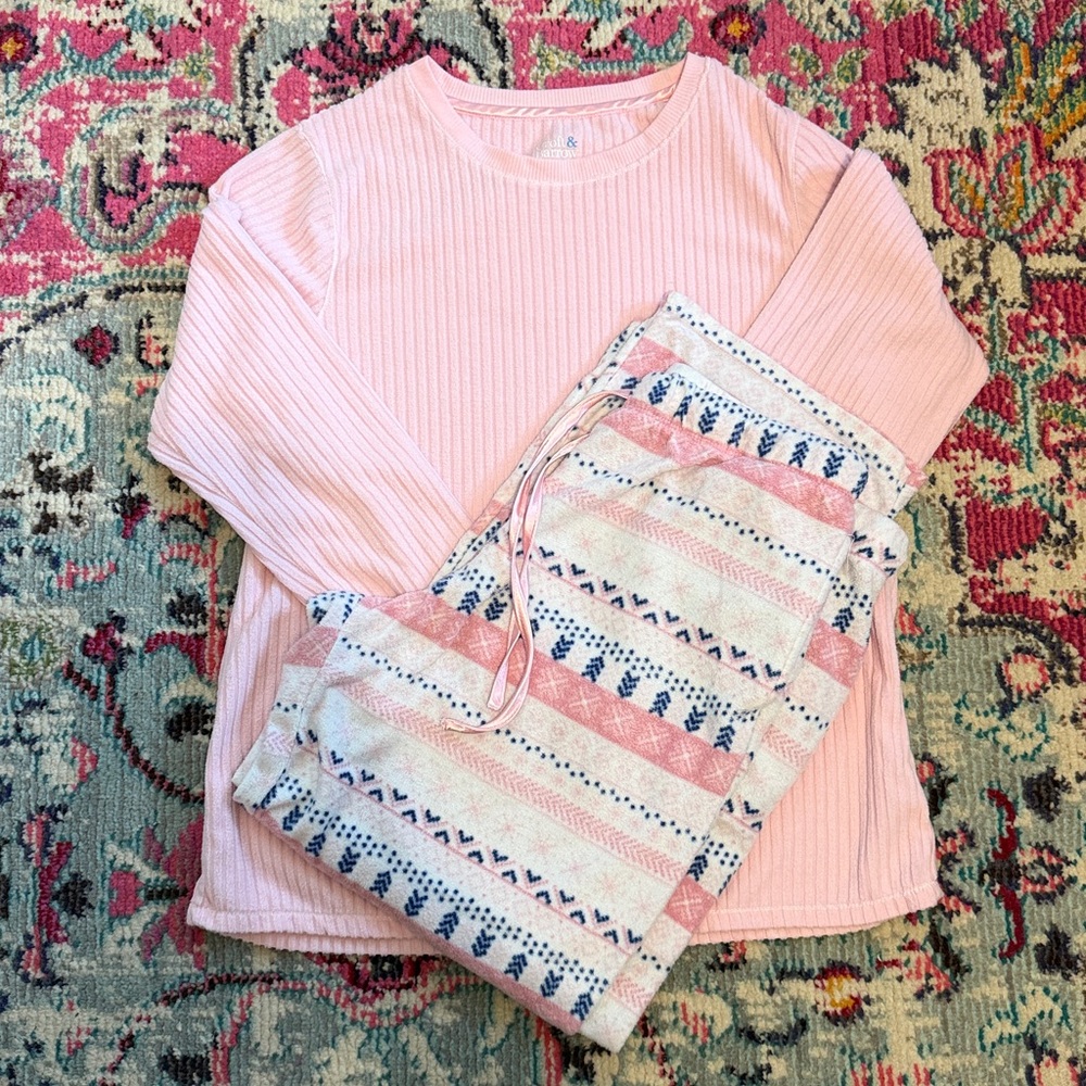 Croft Barrow Sleepwear Women 2 Piece Pajamas Set Rib Top Pink Fleece Flannel LG